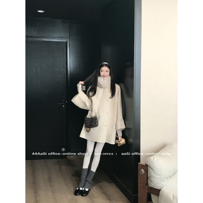 44AaSi 白茶南雪 100羊毛双面呢配毛领秋冬温柔百搭中长款大衣