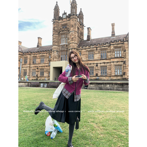 44AaSi 紫藤格雷 独家特染！浆果紫格子拼接设计感毛衣内搭上衣