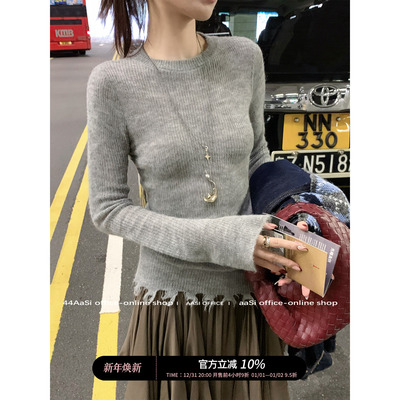 44AaSi 绒绒打底 羊绒马海毛针织衫圆领套头韩系修身长袖内搭毛衣