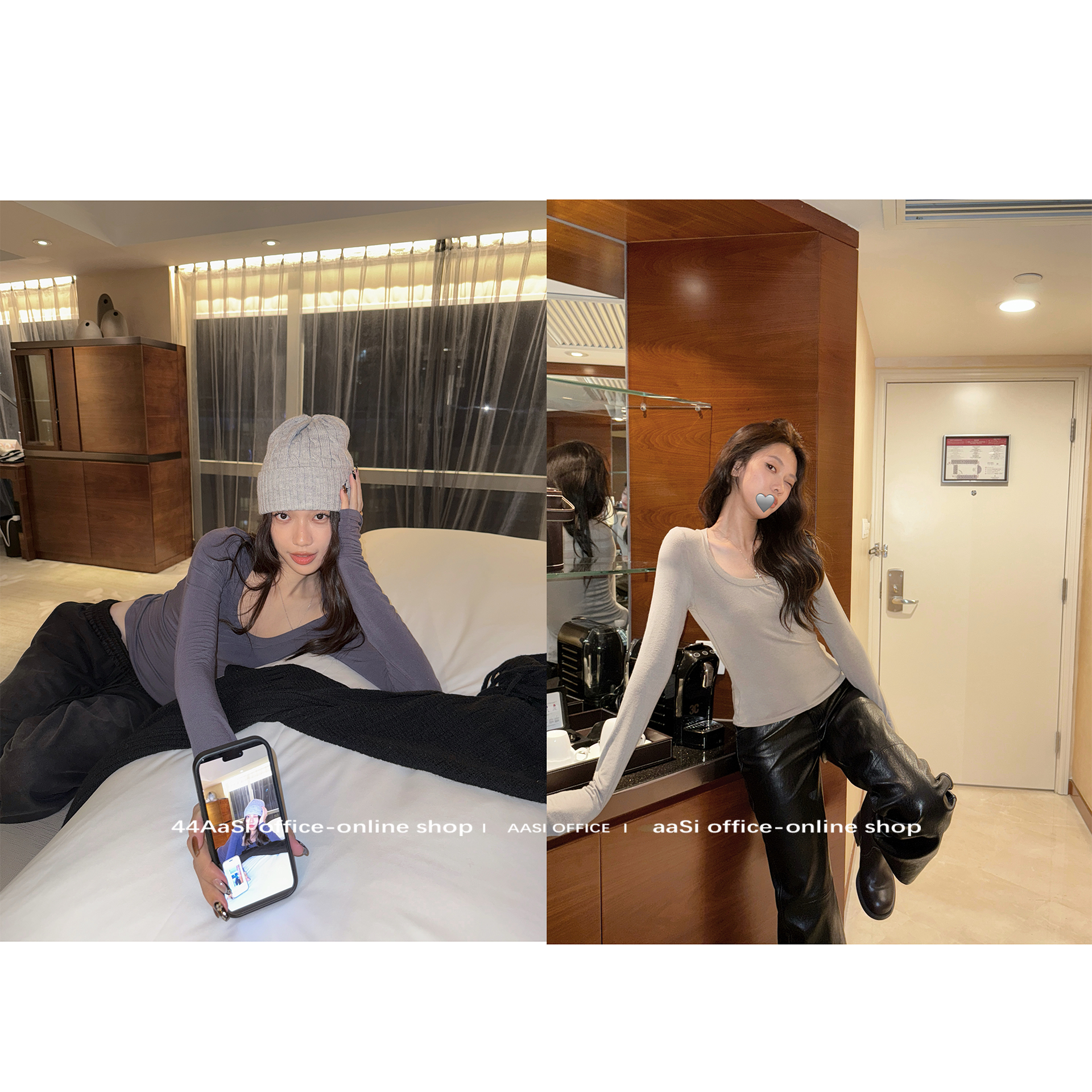 44AaSi 显瘦秘籍 裸感空气磨毛大U方领秋冬长袖打底内搭t上衣女