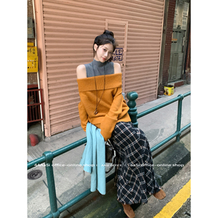 44AaSi 旧色橘红 一字肩套头毛衣宽松秋冬橘色保暖加厚针织上衣