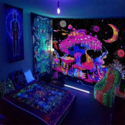 1pcFluorescent colored mushroom tapestry, ultraviolet black
