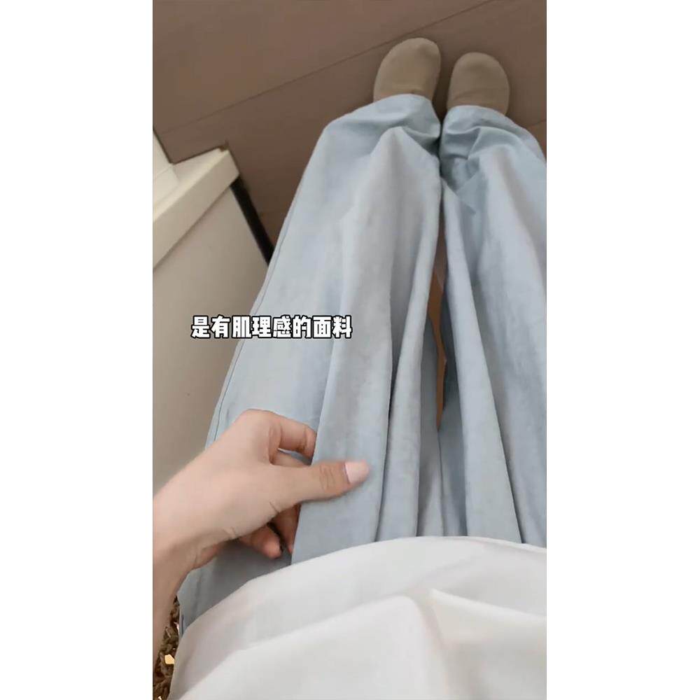 蓝色奶芙冰丝山本裤女大码胖mm显瘦夏薄款奶皮裤阔腿肌理感休闲裤