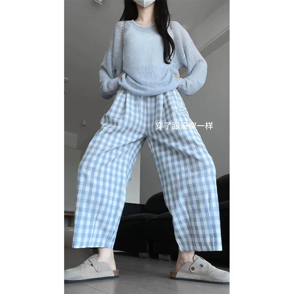 大码蓝色格子云朵裤女秋小个子阔腿萝卜气球裤胖mm显瘦九分灯笼裤