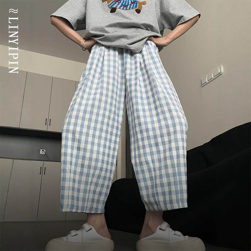 小个子蓝色格子裤子女大码胖mm灯笼裤夏季薄款宽松慵懒气球云朵裤