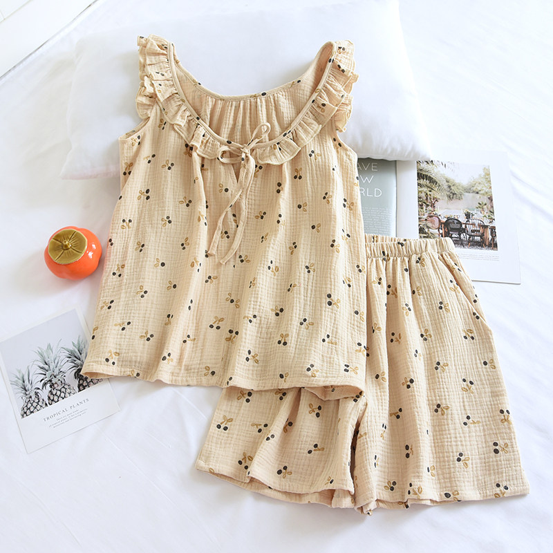 夏薄纯棉泡泡棉纱荷叶边碎花全棉吊带短裤家居服睡衣套装女可外穿