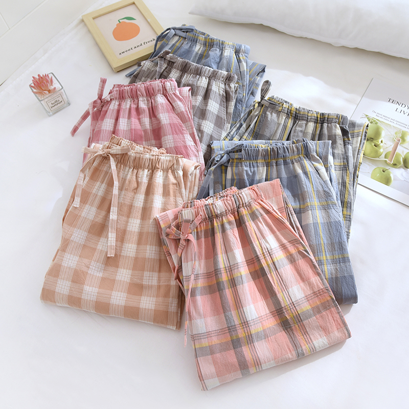 春夏秋薄纯棉水洗棉简约格子直筒高腰宽松全棉情侣家居裤睡裤女男