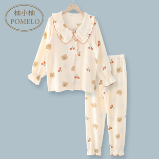 春夏秋纯棉纱布全棉泡泡棉纱娃娃领花边卡通长袖 薄家居服睡衣套女