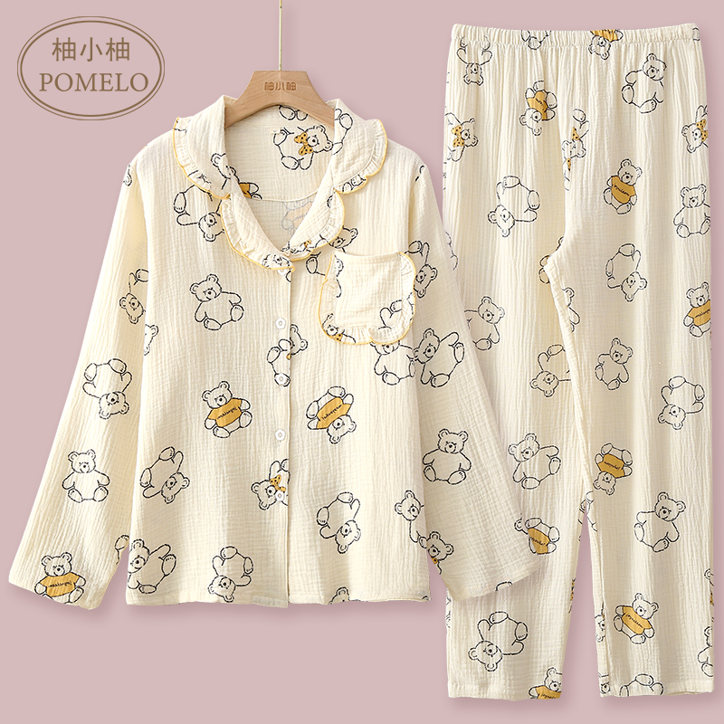 柚小柚纯棉泡泡棉纱睡衣家居服女