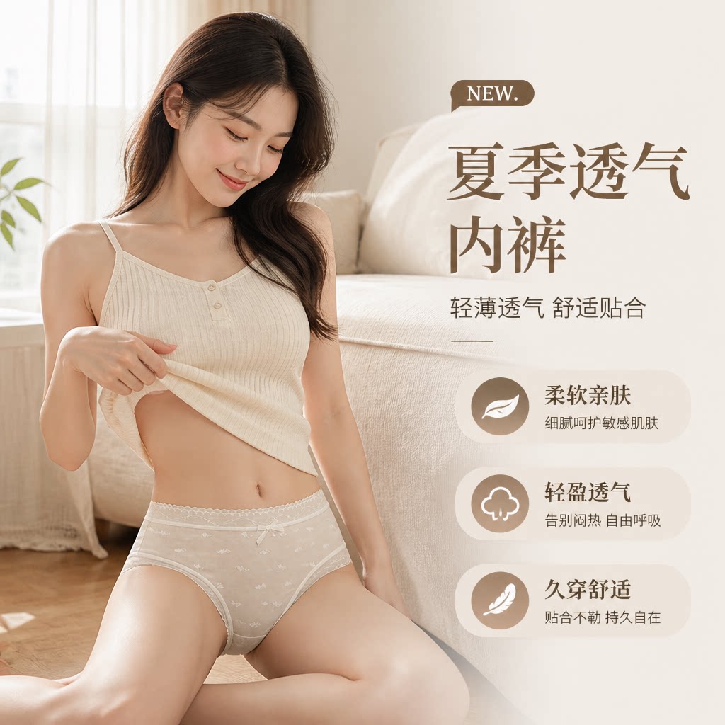 超薄空气面膜裸感冰丝无痕纯欲内裤少女棉裆中腰包臀半透明三角裤