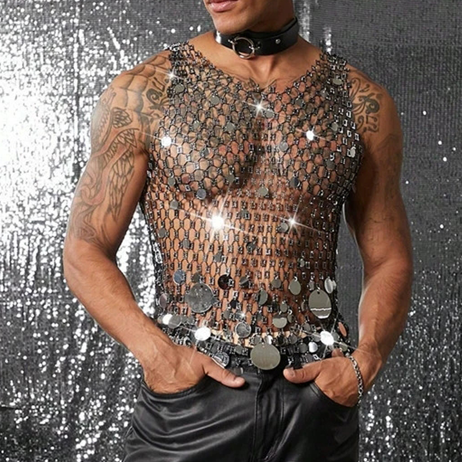 男士性感透明镂空上衣男闪钻百搭网眼网孔T恤闪钻亮片渔网格背心