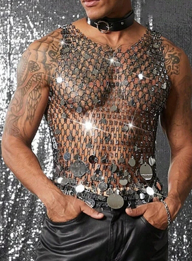 男士性感透明镂空上衣男闪钻百搭网眼网孔T恤闪钻亮片渔网格背心