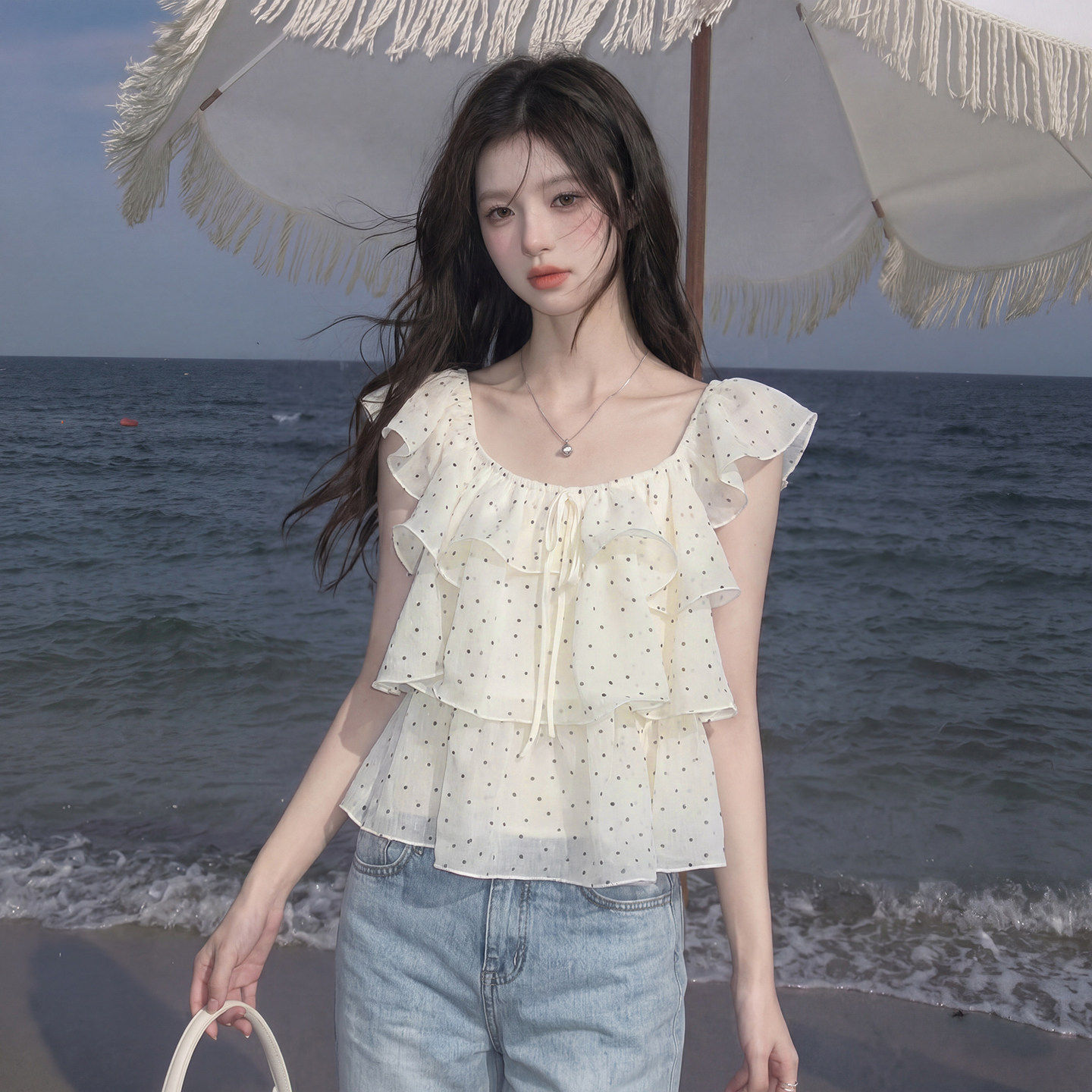 白色波点短袖上衣女夏法