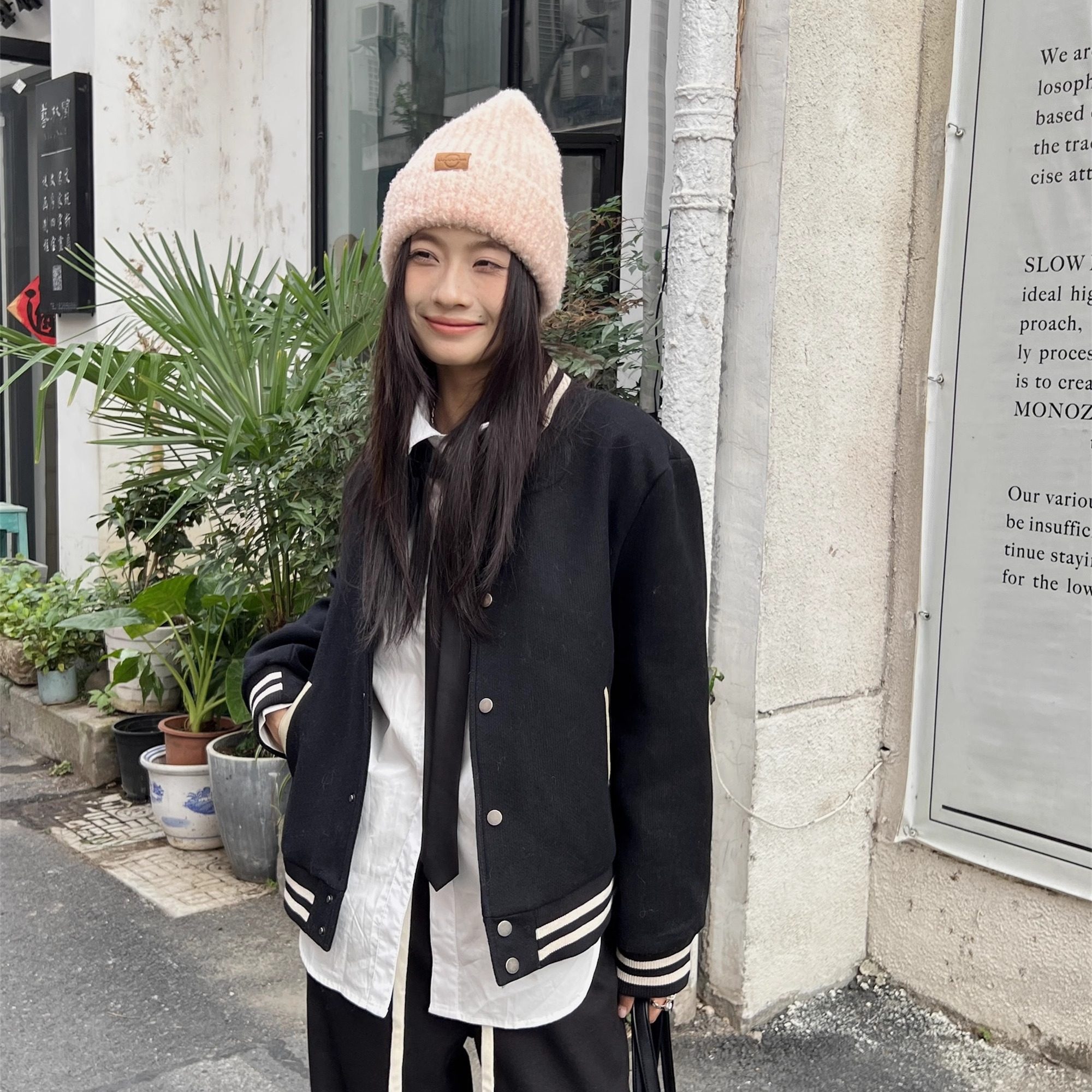 银色山坡【美式少女】复古毛呢棒球服女秋冬休闲刺绣字母宽松显瘦