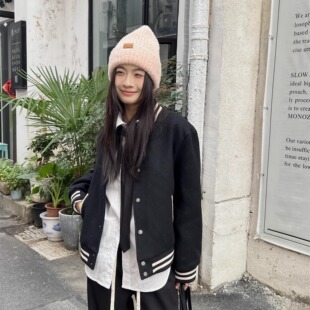 银色山坡【美式少女】复古毛呢棒球服女秋冬休闲刺绣字母宽松显瘦