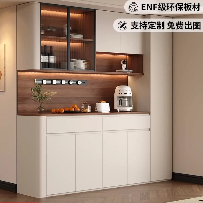 中古风餐边柜子储物柜靠墙一体茶边柜客厅置物柜圆弧酒柜橱柜定制