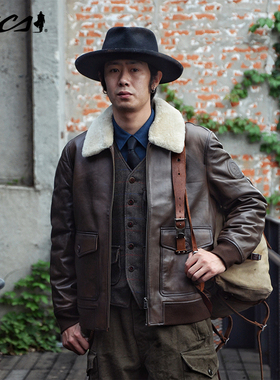 MCS源自万宝路冬季男士翻毛领G-1飞行夹克短款羽绒皮衣机车皮衣