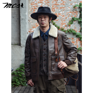 MCS源自万宝路冬季男士翻毛领G-1飞行夹克短款羽绒皮衣机车皮衣