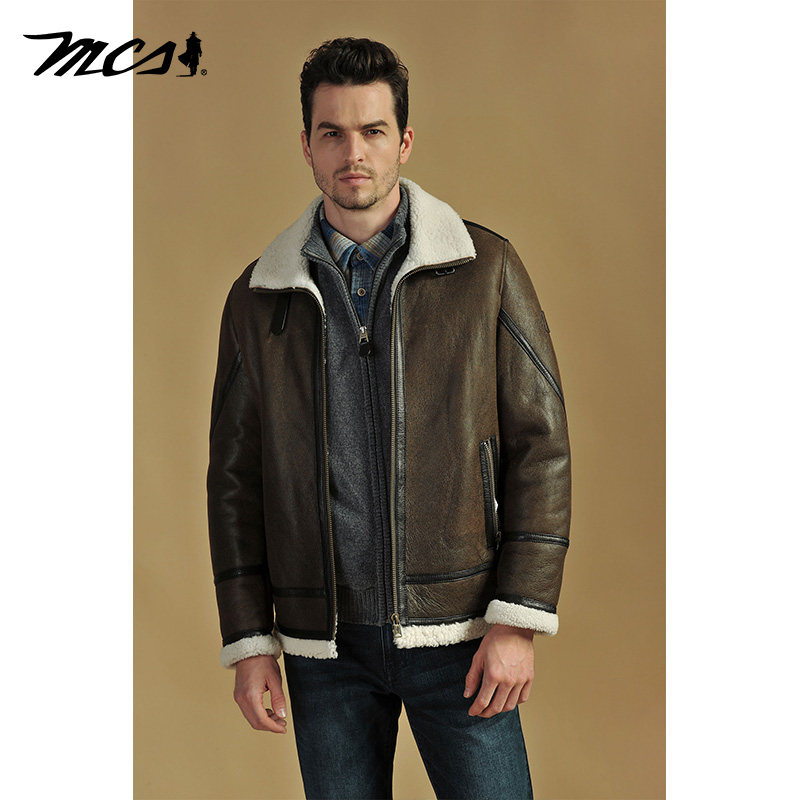 MCS秋冬休闲皮衣加绒男羊皮革