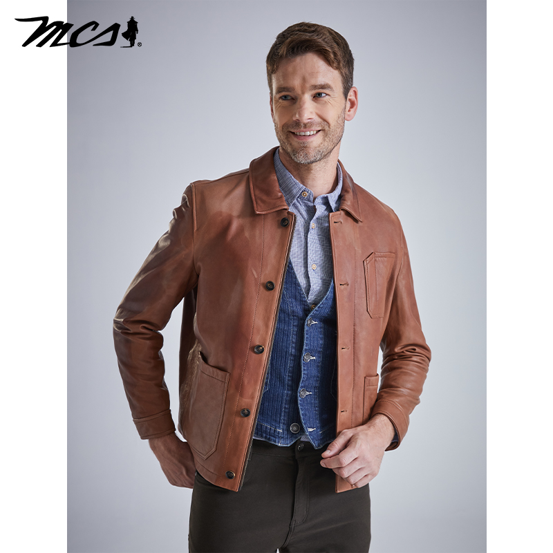 MCS复古做旧擦色绵羊皮真皮皮衣