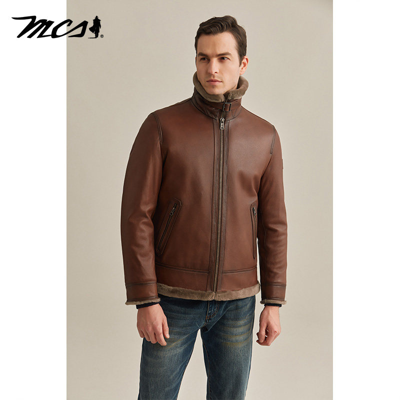 MCS冬季山羊皮休闲合身立领