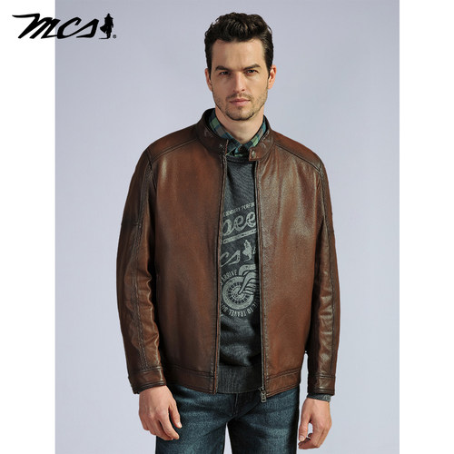 MCS春季绵羊休闲合身立领皮衣