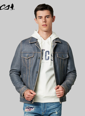 MCS男装源自万宝路春秋季男士真皮皮衣美式复古潮流牛皮革外套男