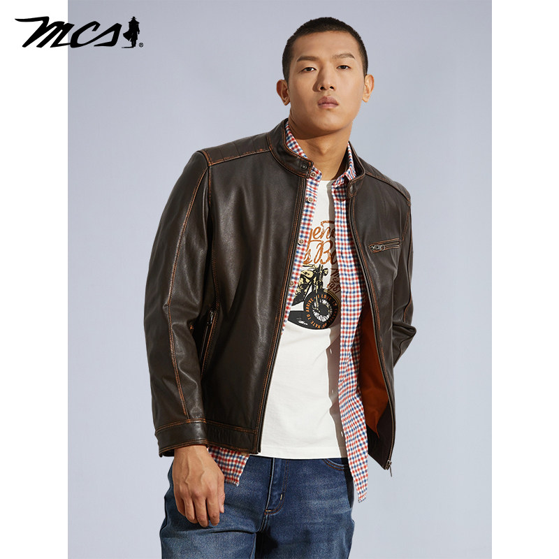 MCS男装源自万宝路立领牛皮革真皮皮衣春秋季男士美式休闲皮夹克