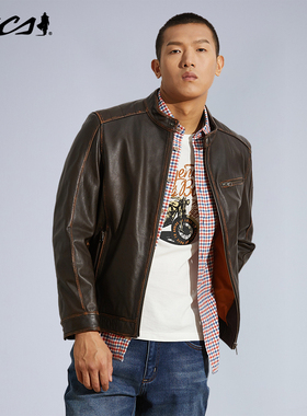 MCS男装源自万宝路立领牛皮革真皮皮衣春秋季男士美式休闲皮夹克