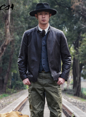 MCS男装源自万宝路秋季新品植鞣绵羊皮修身小立领机车皮衣外套男