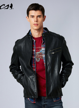 MCS男装源自万宝路立领机车手皮衣修身款黑色时尚户外机车夹克男