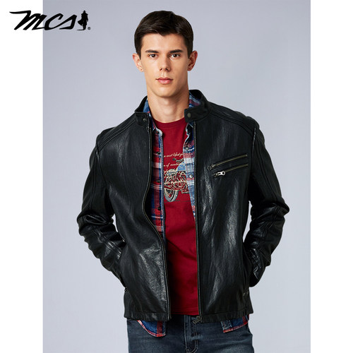MCS户外时尚修身立领夹克皮衣男