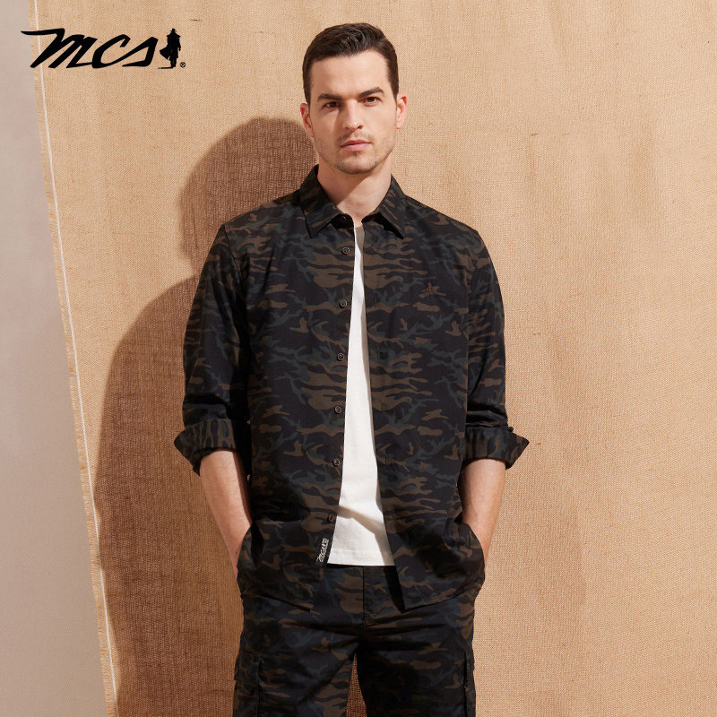 MCS男装源自万宝路春夏季新款印第安风翻领休闲长袖衬衫迷彩衬衣