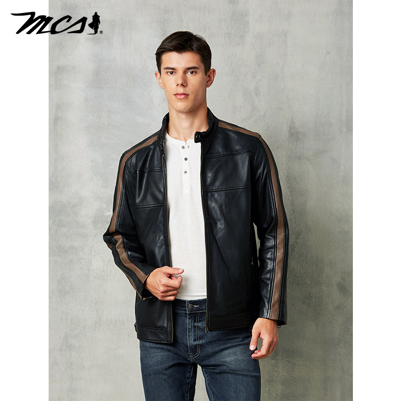 MCS男装源自万宝路秋冬羊皮修身皮衣男中青年立领拼接真皮皮外套