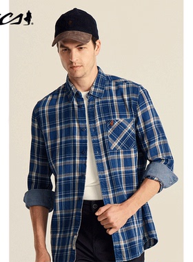 MCS男装源自万宝路新品全棉休闲修身INDIGO色织格子单袋长袖衬衫