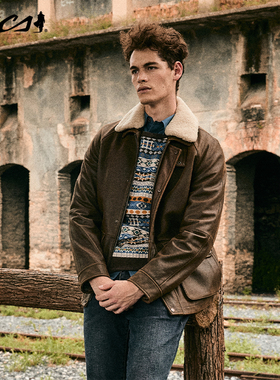 MCS源自万宝路擦色牛皮皮衣可脱卸内胆马甲猎装皮衣男装美式复古