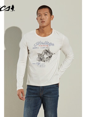 MCS男装源自万宝路全棉休闲简约修身罗纹圆领通勤前胸印花长袖T恤