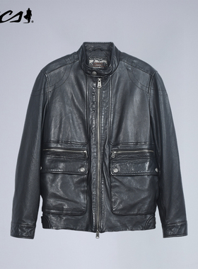 MCS男装美式机车新款绵羊皮休闲修身外套立领双头拉链短款皮衣