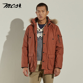 保暖间棉外套男士 MCS男装 全棉休闲合身外套可脱卸帽多口袋中长款