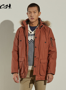 MCS男装全棉休闲合身外套可脱卸帽多口袋中长款保暖间棉外套男士