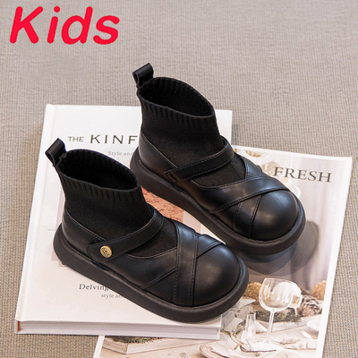 真皮女童靴子黑色袜靴