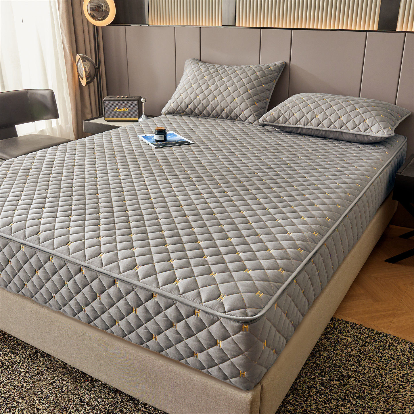 高端刺绣夹棉床笠六面全包拉链款