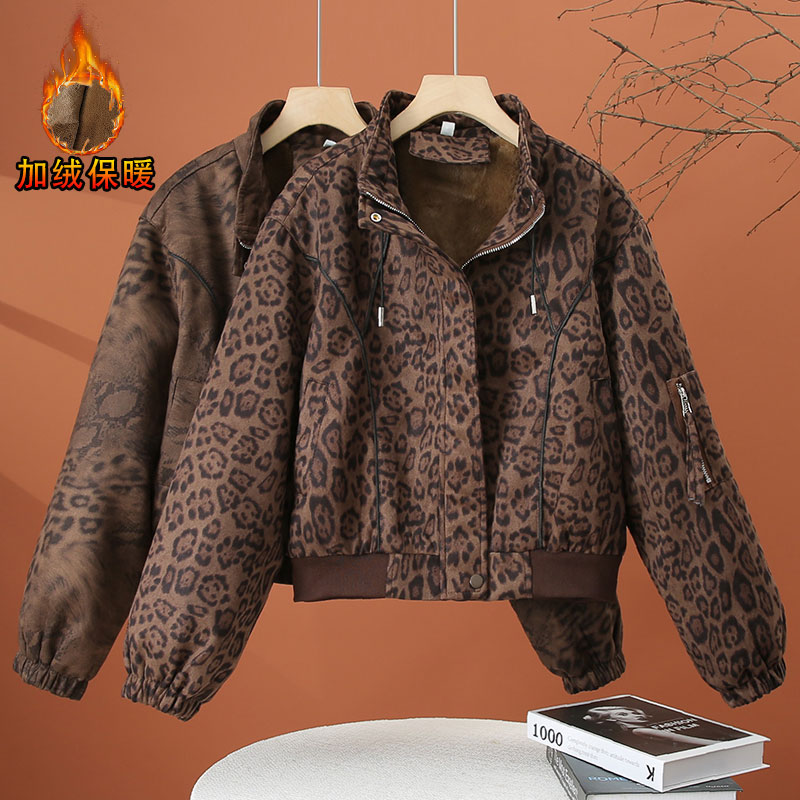 加绒豹纹外套女秋冬2025新款休闲外衣小个子百搭加厚保暖短款上衣