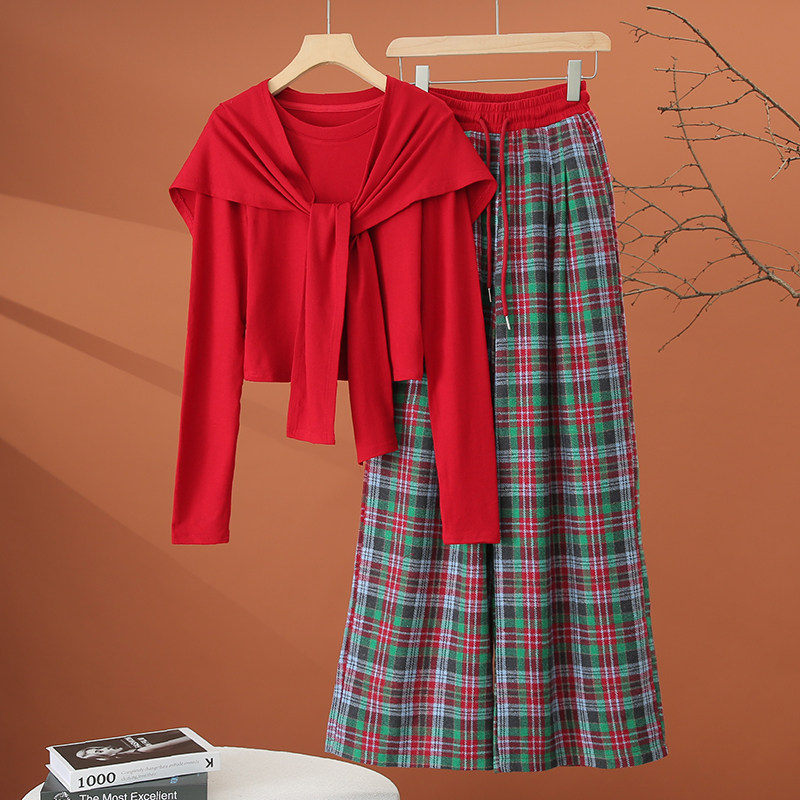 设计感时尚休闲套装女春季2026新款女装洋气减龄格子阔腿裤两件套