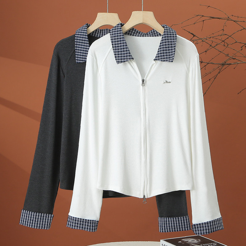 格子拼接长袖t恤女春季2026年新款时尚洋气拉链开衫修身白色上衣