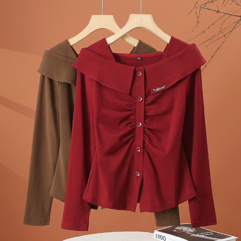 荷叶边长袖t恤女春季2026新款洋气小衫减龄时尚女士短款褶皱上衣