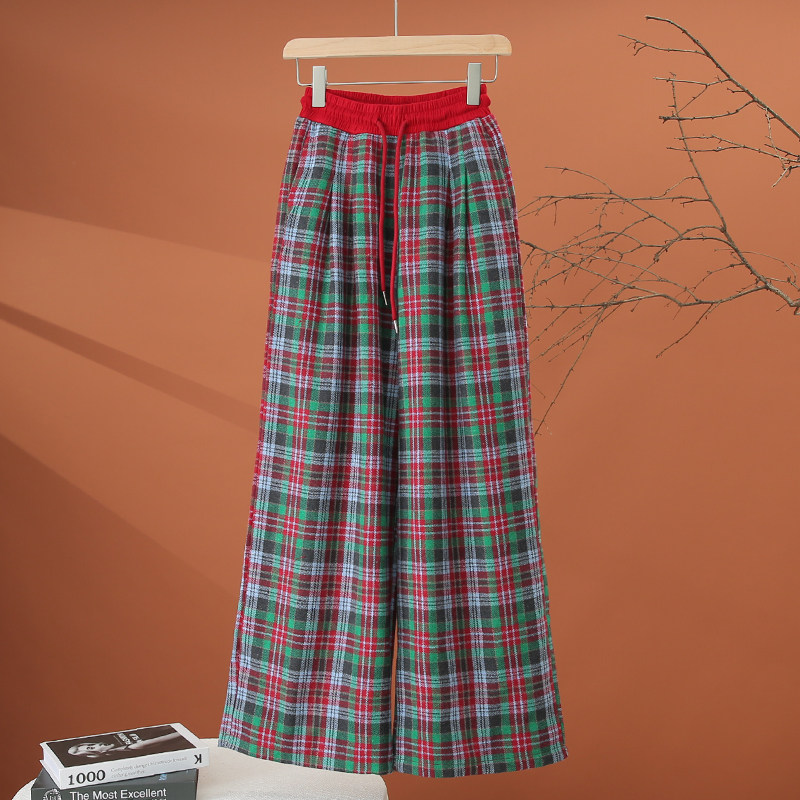 格子阔腿裤女春款2026新款女士裤子松紧腰显瘦宽松百搭彩色休闲裤