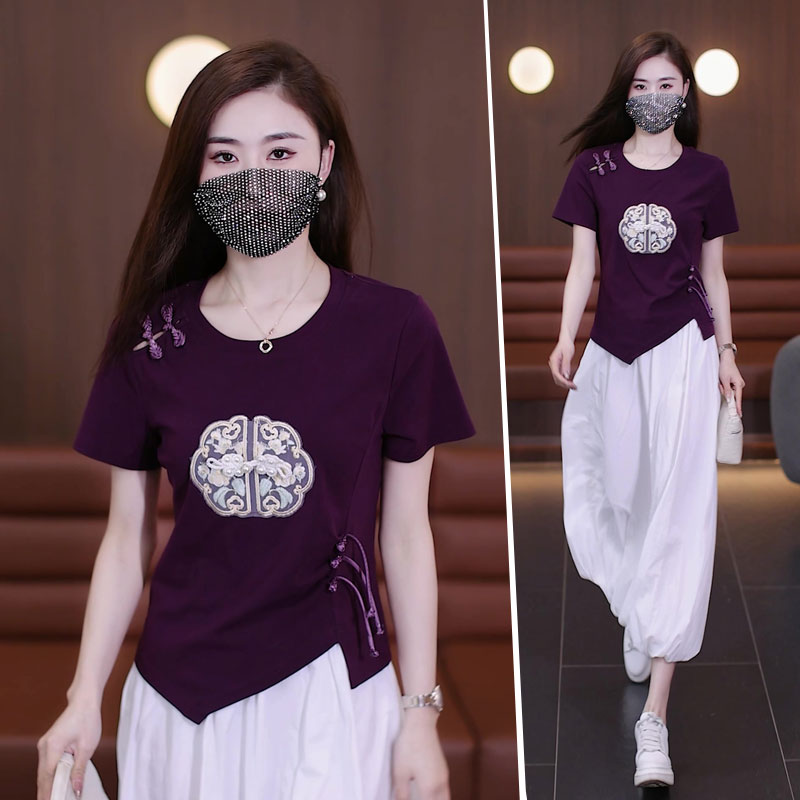 缪真短袖新中式薄款刺绣t恤女