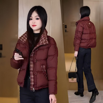 缪真短款直筒格子拼接棉服女
