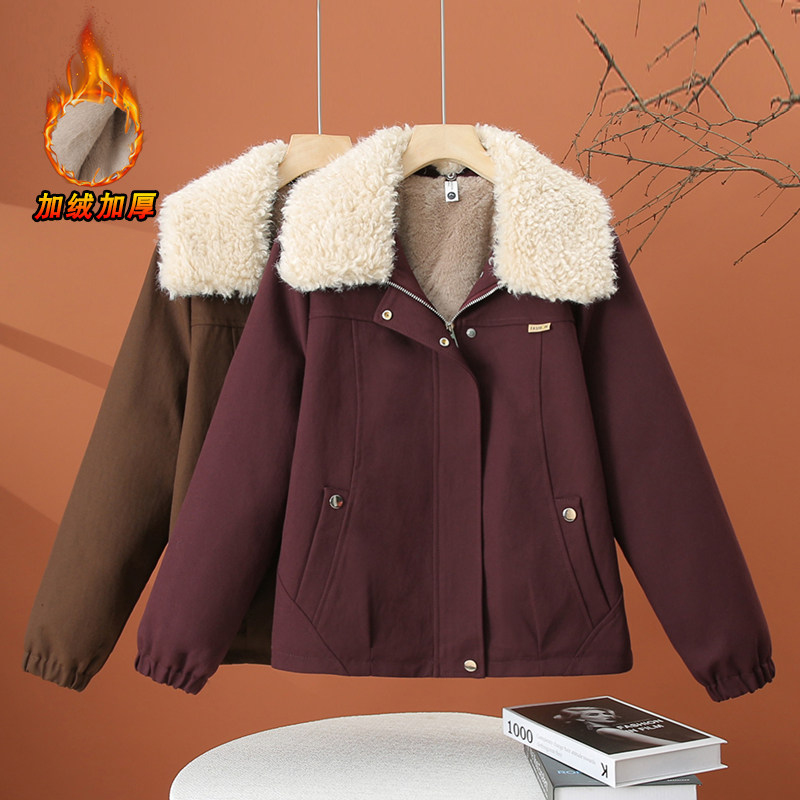 加绒加厚毛领外套女冬季2025新款宽松百搭小个子时尚保暖夹克上衣